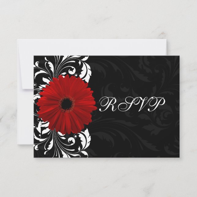 Tarjeta De Confirmación De Asistencia Gerbera Daisy RSVP, de desplazamiento rojo, negro  (Anverso)