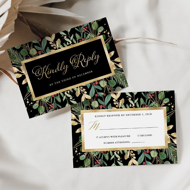 Tarjeta De Confirmación De Asistencia Gilded Greenery on Black | Christmas Wedding (Subido por el creador)