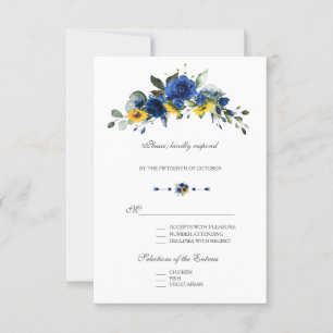 Tarjeta De Confirmación De Asistencia Girasoles Elegantes Bodas Flores Azules Marinos