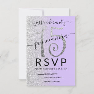 Tarjeta De Confirmación De Asistencia Girly Lavender Silver Purpurina Ombre Quinceañera