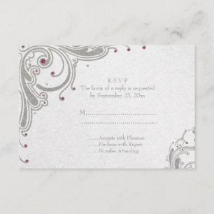 Tarjeta De Confirmación De Asistencia Giros de purpurina plateado + boda de joyas rosas