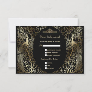 Tarjeta De Confirmación De Asistencia Glam Gold Art Deco Peacocks Boda principal