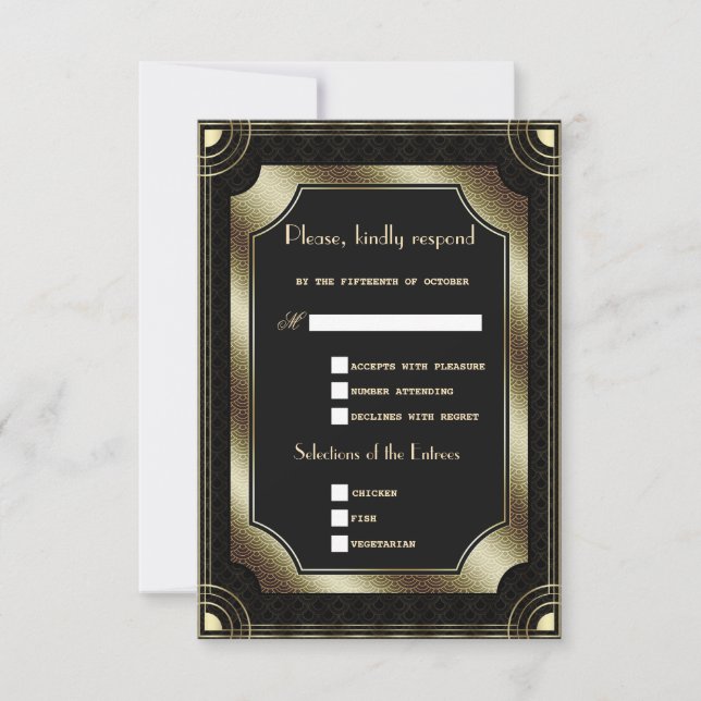 Tarjeta De Confirmación De Asistencia Glam Gold Black Great Art Deco Boda (Anverso)