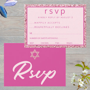 Tarjeta De Confirmación De Asistencia Glam Pink Elegant Star De David Bat Mitzvah