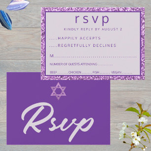Tarjeta De Confirmación De Asistencia Glam Purple Elegante Estrella De David Bat Mitzvah