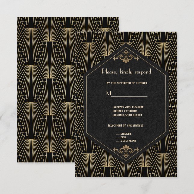 Tarjeta De Confirmación De Asistencia Glam Roaring 20s Great Gatsby Art Deco Wedding (Anverso / Reverso)