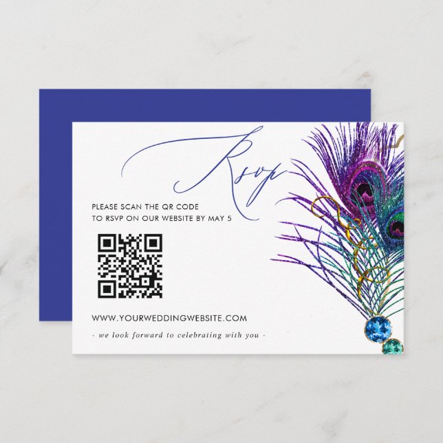 Tarjeta De Confirmación De Asistencia Glitter Gold Blue Purple Peacock Plume QR CODE (Anverso / Reverso)
