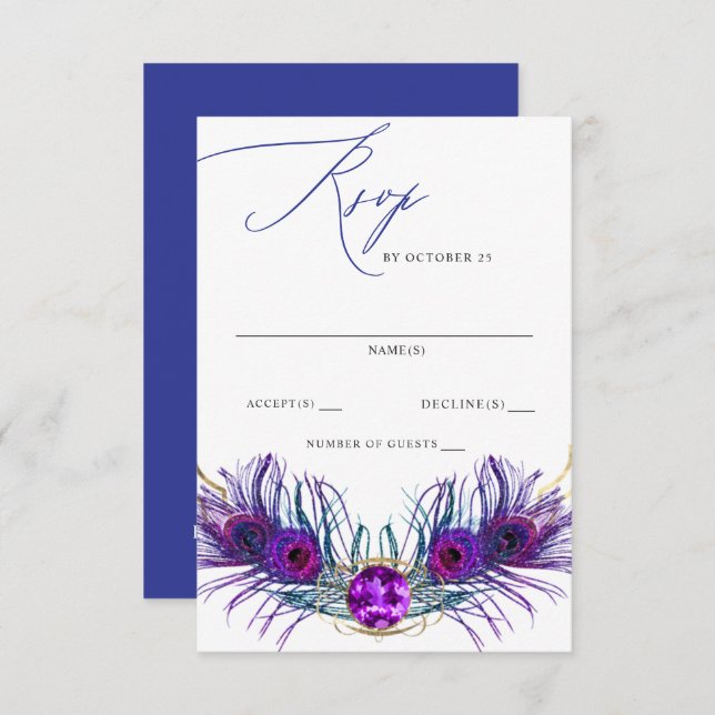 Tarjeta De Confirmación De Asistencia Glitter Gold Blue Purple Peacock Plume Wedding  (Anverso / Reverso)