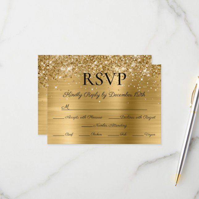 Tarjeta De Confirmación De Asistencia Glitter Gold Foil Elegant Calligraphy Wedding (Anverso/Reverso In Situ)