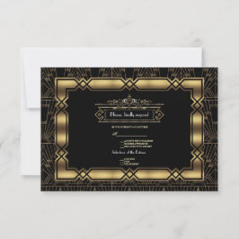 Tarjeta De Confirmación De Asistencia Gold Black Art Deco Gatsby Boda estilo años 20 RSV