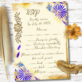 Tarjeta De Confirmación De Asistencia Gold & Blue Mexican Baroque Hummingbird Weddding