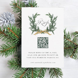Tarjeta De Confirmación De Asistencia Gold Bow & Green Pine Wreath Wedding QR Code