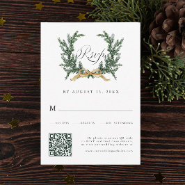 Tarjeta De Confirmación De Asistencia Gold Bow & Green Pine Wreath Wedding QR Code