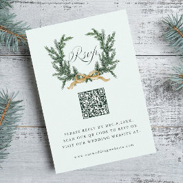 Tarjeta De Confirmación De Asistencia Gold Bow & Green Pine Wreath Wedding QR Code Mint