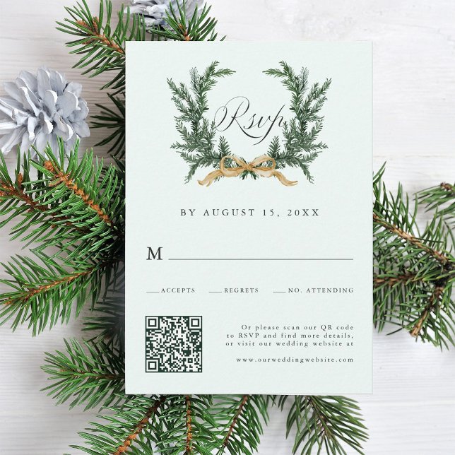 Tarjeta De Confirmación De Asistencia Gold Bow & Green Pine Wreath Wedding QR Code Mint (Subido por el creador)