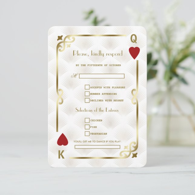 Tarjeta De Confirmación De Asistencia Gold Casino Las Vegas Gatsby Song Request Boda (Anverso de pie)
