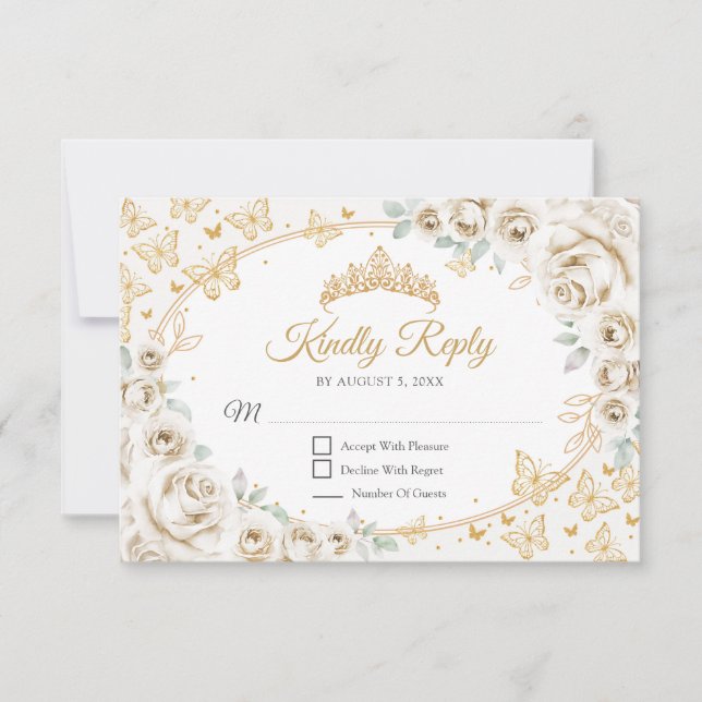 Tarjeta De Confirmación De Asistencia Gold Cream Quinceanera Reply (Anverso)