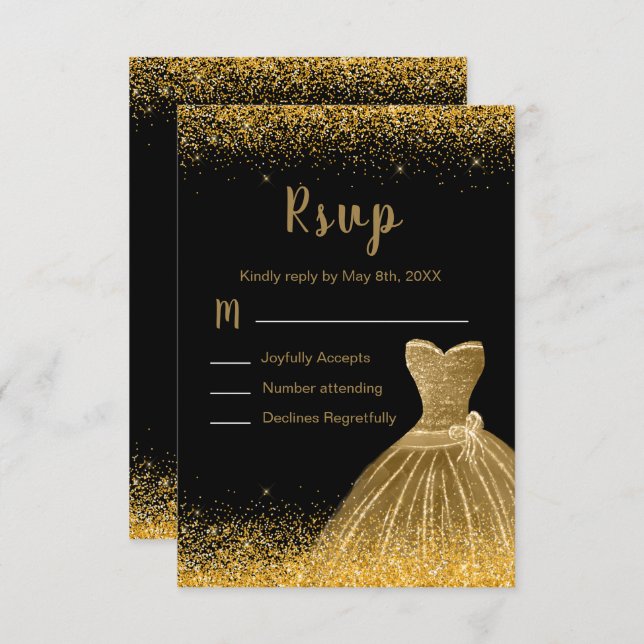 Tarjeta De Confirmación De Asistencia Gold Dress Faux Glitter Quinceanera (Anverso / Reverso)