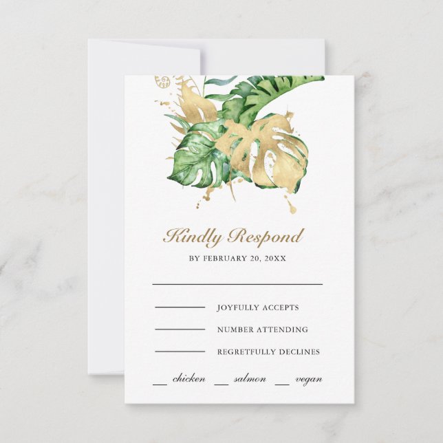Tarjeta De Confirmación De Asistencia Gold Monstera Tropical Palm Wedding (Anverso)