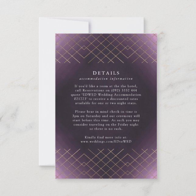 Tarjeta De Confirmación De Asistencia Gold Purple Elegance Diamond Geo Deco Boda (Anverso)