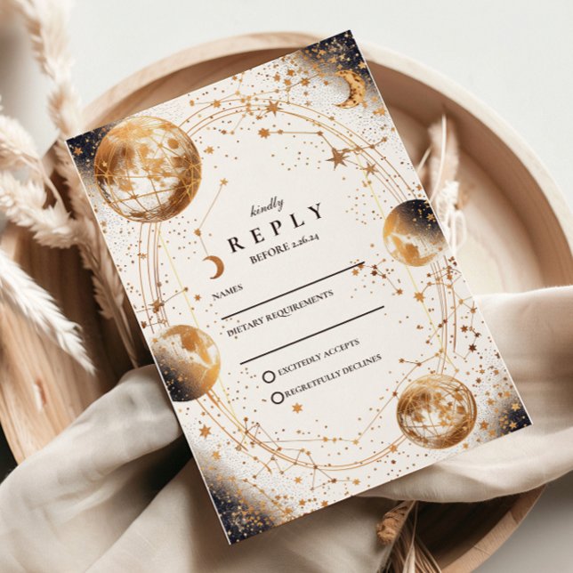 Tarjeta De Confirmación De Asistencia Golden Moonlit Celestial Wedding (Subido por el creador)