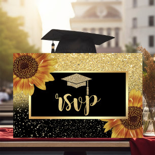 Tarjeta De Confirmación De Asistencia Gorra de graduación Glitter Gold, Fiesta de gradua