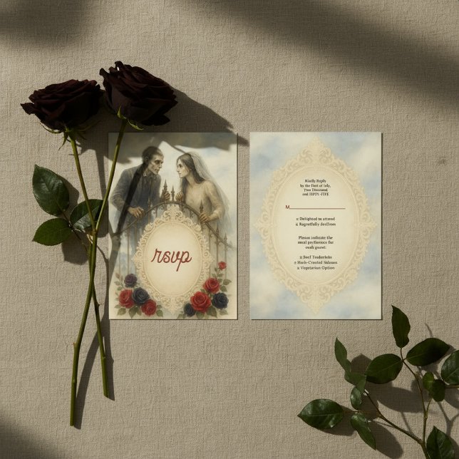 Tarjeta De Confirmación De Asistencia Goth Couple Zombie Halloween Wedding (Goth Couple Zombie Halloween Wedding RSVP Card
)