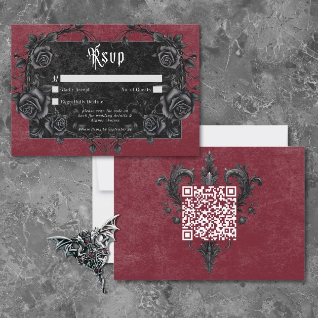 Tarjeta De Confirmación De Asistencia Gothic Black Raven & Roses Burgundy QR Code (Gothic Black Raven & Roses Burgundy QR Code RSVP Card)