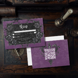 Tarjeta De Confirmación De Asistencia Gothic Black Raven & Roses Purple QR Code