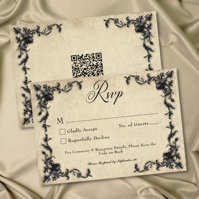 Tarjeta De Confirmación De Asistencia Gothic Black Tan Parchment Filigree Heart Wedding (Gothic Black Tan Parchment Filigree Heart Wedding QR RSVP Card)
