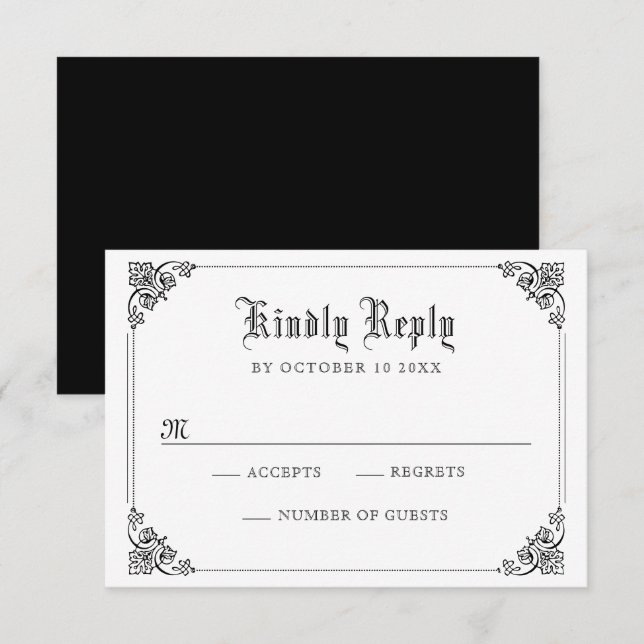 Tarjeta De Confirmación De Asistencia Gótica clásica blanca y negra (Anverso / Reverso)