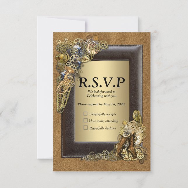 Tarjeta De Confirmación De Asistencia Gótico - Boda Steampunk en gamuza (Anverso)