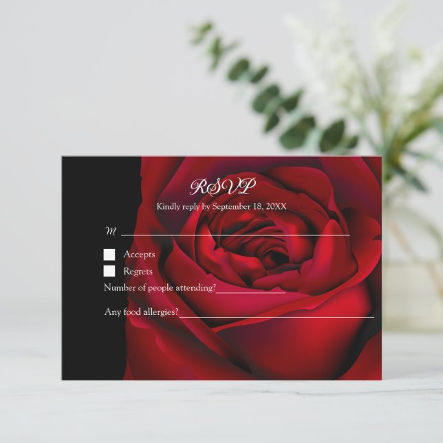 Tarjeta De Confirmación De Asistencia Gótico Floral Moody Boda negro Rosa oscuro (Anverso de pie)