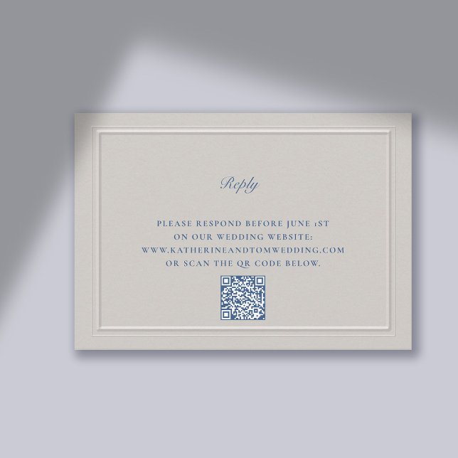 Tarjeta De Confirmación De Asistencia Grabado en relieve  de Faux Boda de QR clásico mod (Nautical RSVP QR Code Card Faux Embossed Double Frame Elegant Formal Classic Traditional)