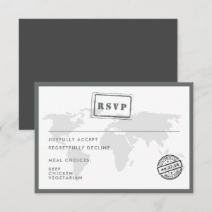 Tarjeta De Confirmación De Asistencia Gray World Map Destination Wedding Date Stamp
