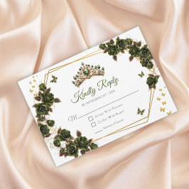 Tarjeta De Confirmación De Asistencia Green Golden Roses Tiara Butterflies Quinceañera