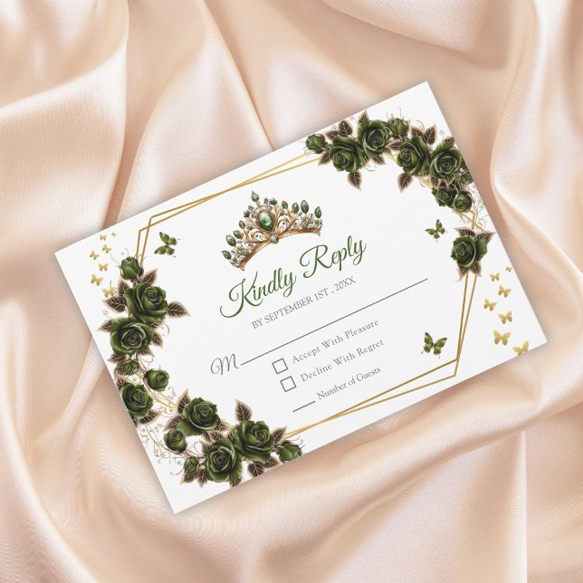Tarjeta De Confirmación De Asistencia Green Golden Roses Tiara Butterflies Quinceañera (Subido por el creador)