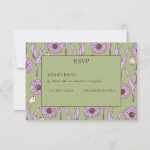 Tarjeta De Confirmación De Asistencia Green Purple Retro Y2K Funky Hippie Flower Pattern