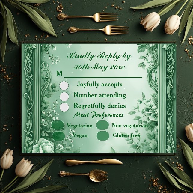Tarjeta De Confirmación De Asistencia Green Rococo Garden Grand Baroque Opulence Wedding (Green Rococo Garden Grand Baroque Opulence Wedding RSVP Card)