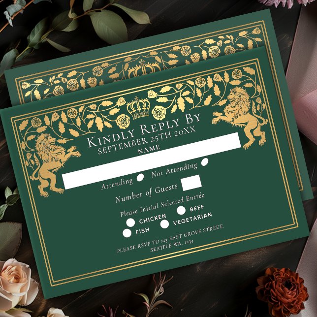 Tarjeta De Confirmación De Asistencia Green Royal Medieval Lion Wedding (Subido por el creador)