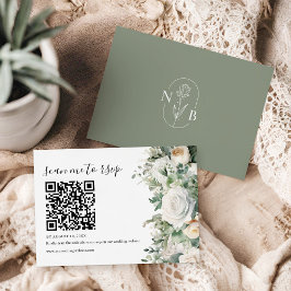 Tarjeta De Confirmación De Asistencia Greenery Eucalyptus Boda de rosa blanca Código QR
