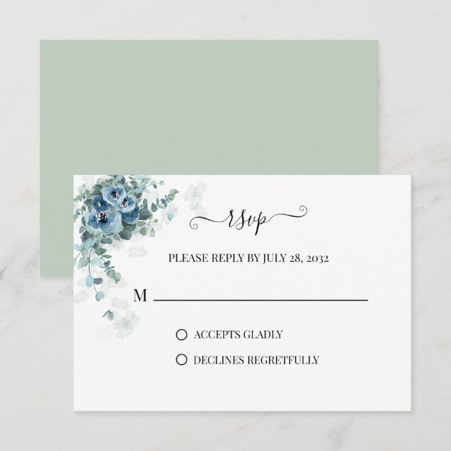 Tarjeta De Confirmación De Asistencia Greenery Eucalyptus Dusty Blue Floral Boda (Anverso / Reverso)