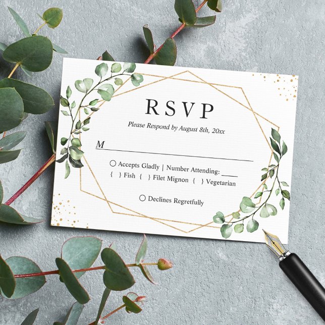 Tarjeta De Confirmación De Asistencia Greenery Eucalyptus Gold Geometric Frame Boda (Subido por el creador)