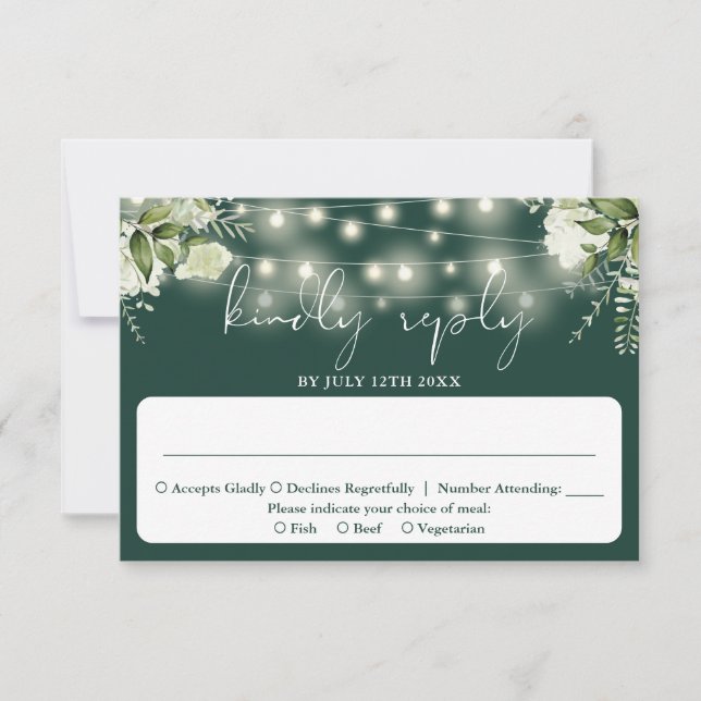 Tarjeta De Confirmación De Asistencia Greenery Floral String Lights Emerald Boda (Anverso)