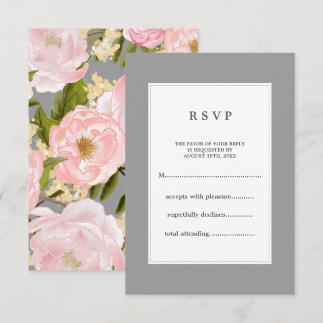 Tarjeta De Confirmación De Asistencia Gris | Boda Rubor Pink Peonies (Anverso / Reverso)