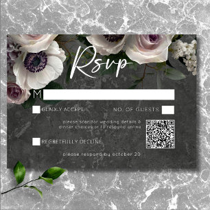 Tarjeta De Confirmación De Asistencia Gris Carbón Floral Moderno Elegante Boda QR