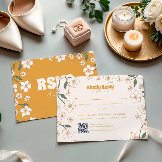 Tarjeta De Confirmación De Asistencia Groovy Mustard Boda Floral (Subido por el creador)