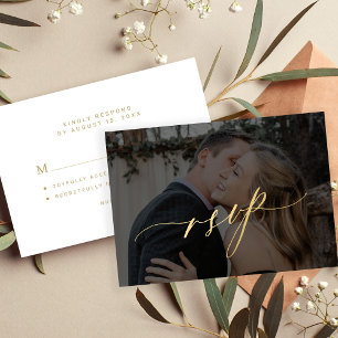 Tarjeta De Confirmación De Asistencia Guión de caligrafía dorada del boda fotográfico mo