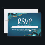 Tarjeta De Confirmación De Asistencia Guión del ómbre de oro de Bat Mitzvah Turquoise Om<br><div class="desc">Estar orgulloso, regocijarse y celebrar este hito de su Bat Mitzvah favorito con esta genial, única, moderna, personalizada tarjeta de inserción RSVP para su evento! La tipografía de escritura blanca sobrepone un fondo oscuro azul turquesa profundo con agate azul turquesa acentuado con finas venas de oro. Personalice el texto del...</div>