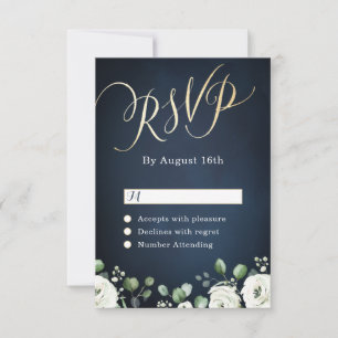 Tarjeta De Confirmación De Asistencia Guión dorado moderno boda floral azul marino blanc